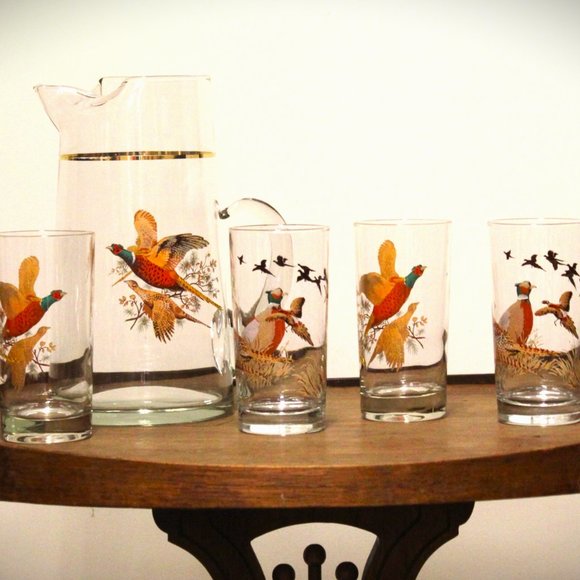 Set of 5 West Virginia Glass Vintage Pheasants In Flight 4 Glasses & 1 Pitcher - Picture 4 of 15
